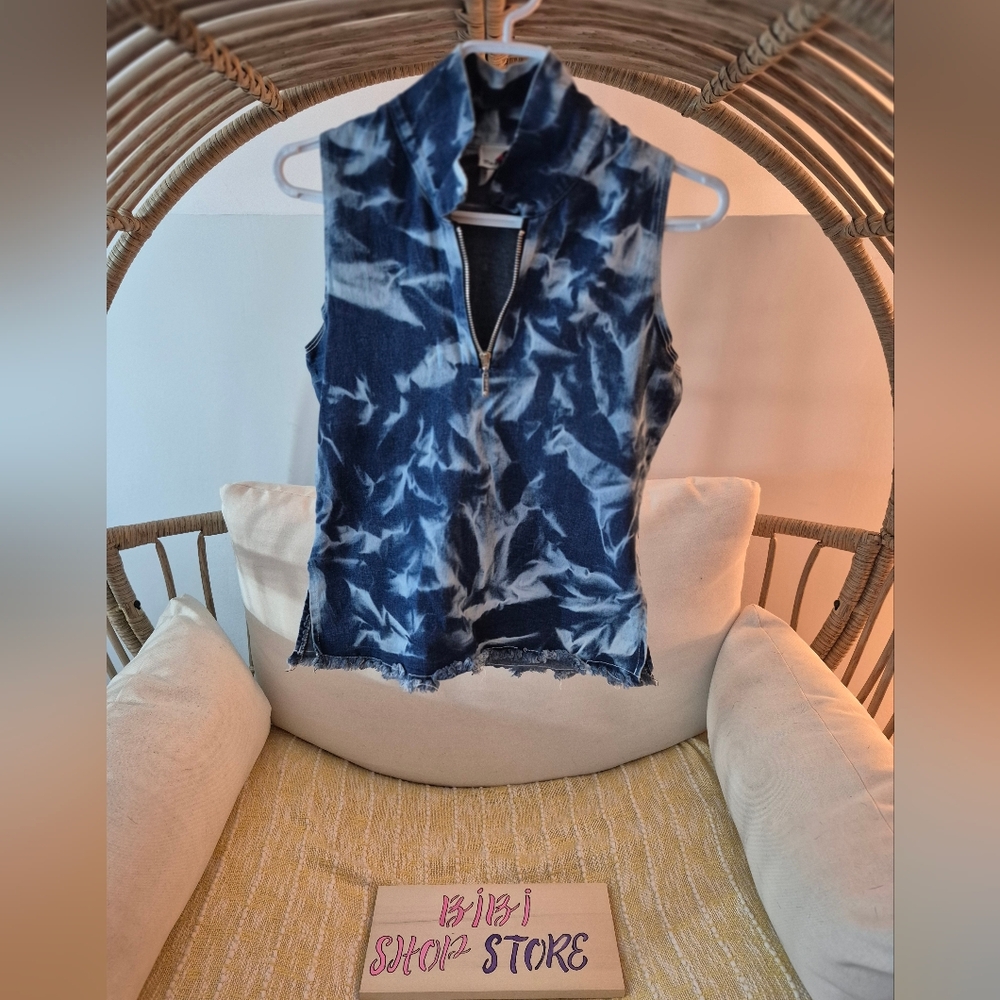 💋Dating USA Jeans Navy Tie-Dye Short Sleeve Top with Zipper